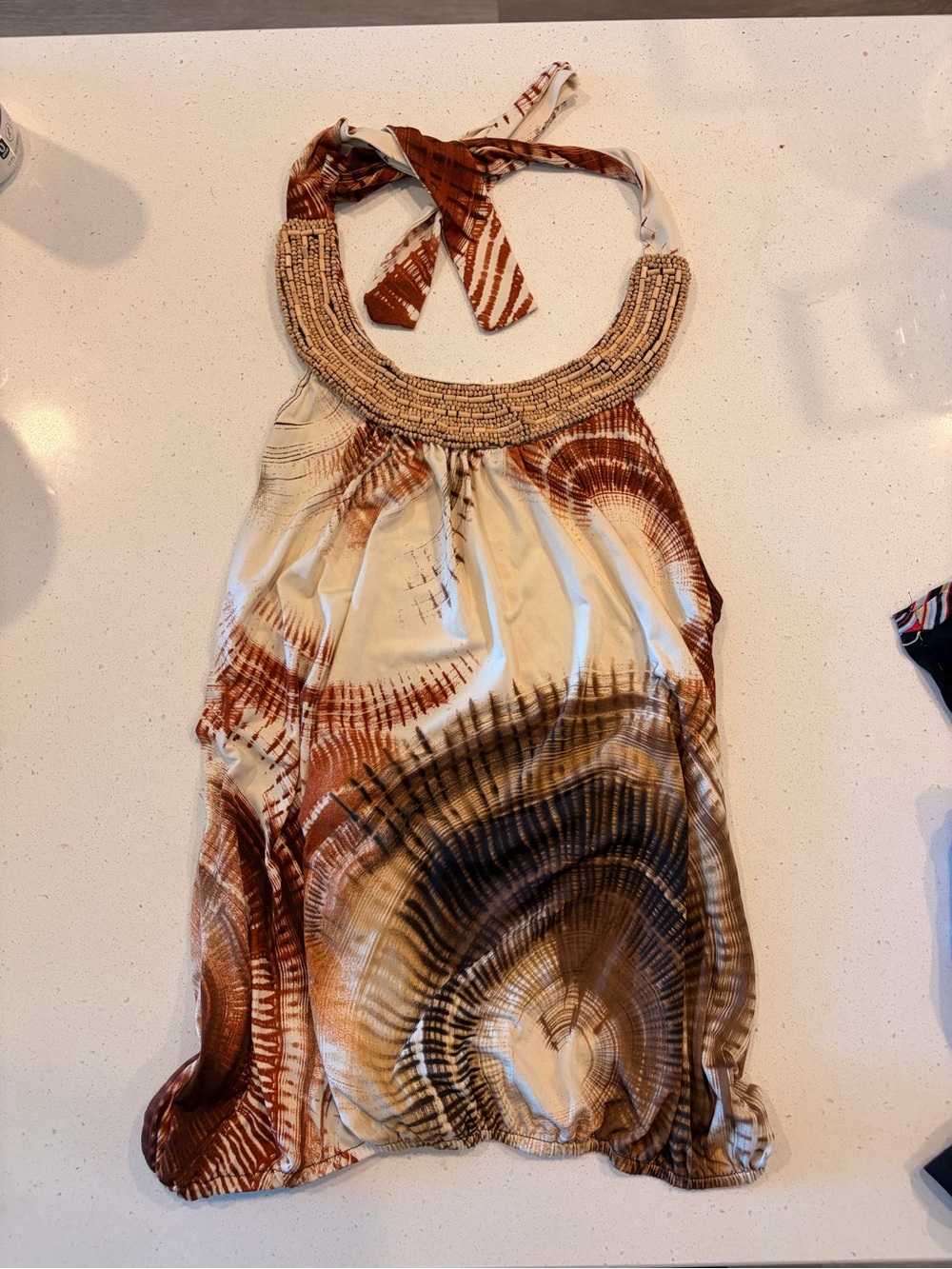 Beaded Halter Tank Top in Cream and Brown Tie-Dye